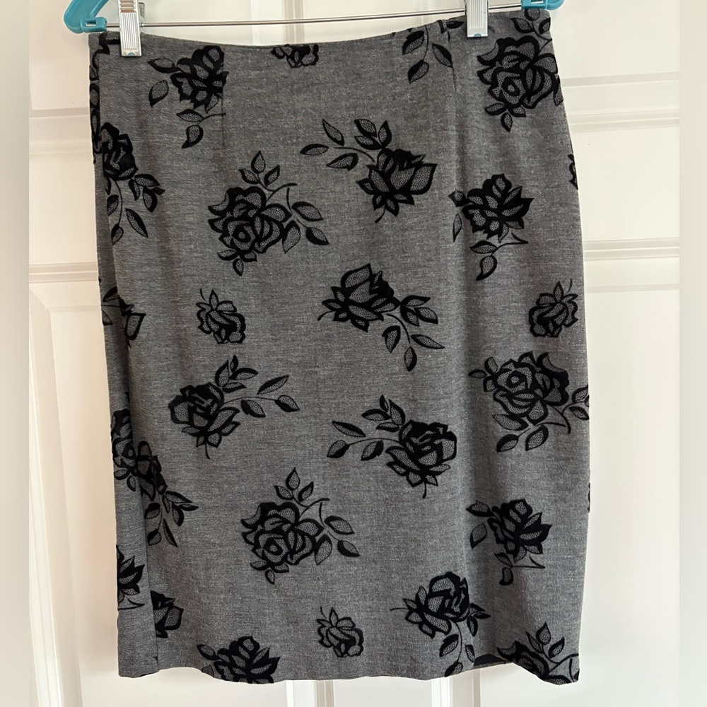 Premise Gray Pencil Skirt with Black Velvet Floral Design